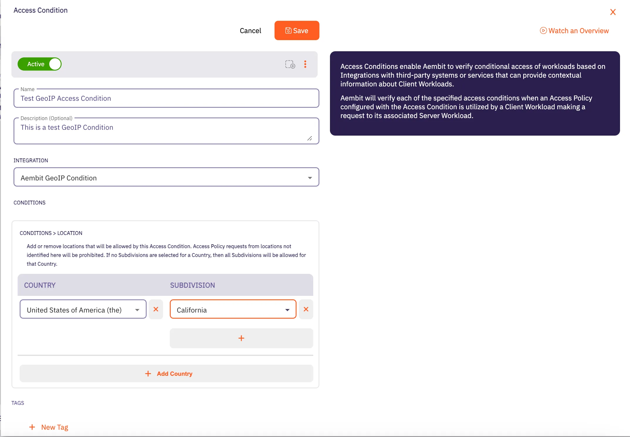 Access Condition Dialog Window - GeoIP Selected