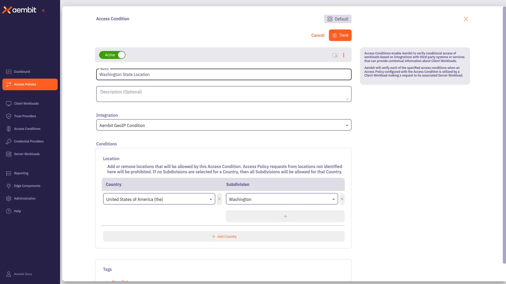 Access Condition configured with geographic restrictions