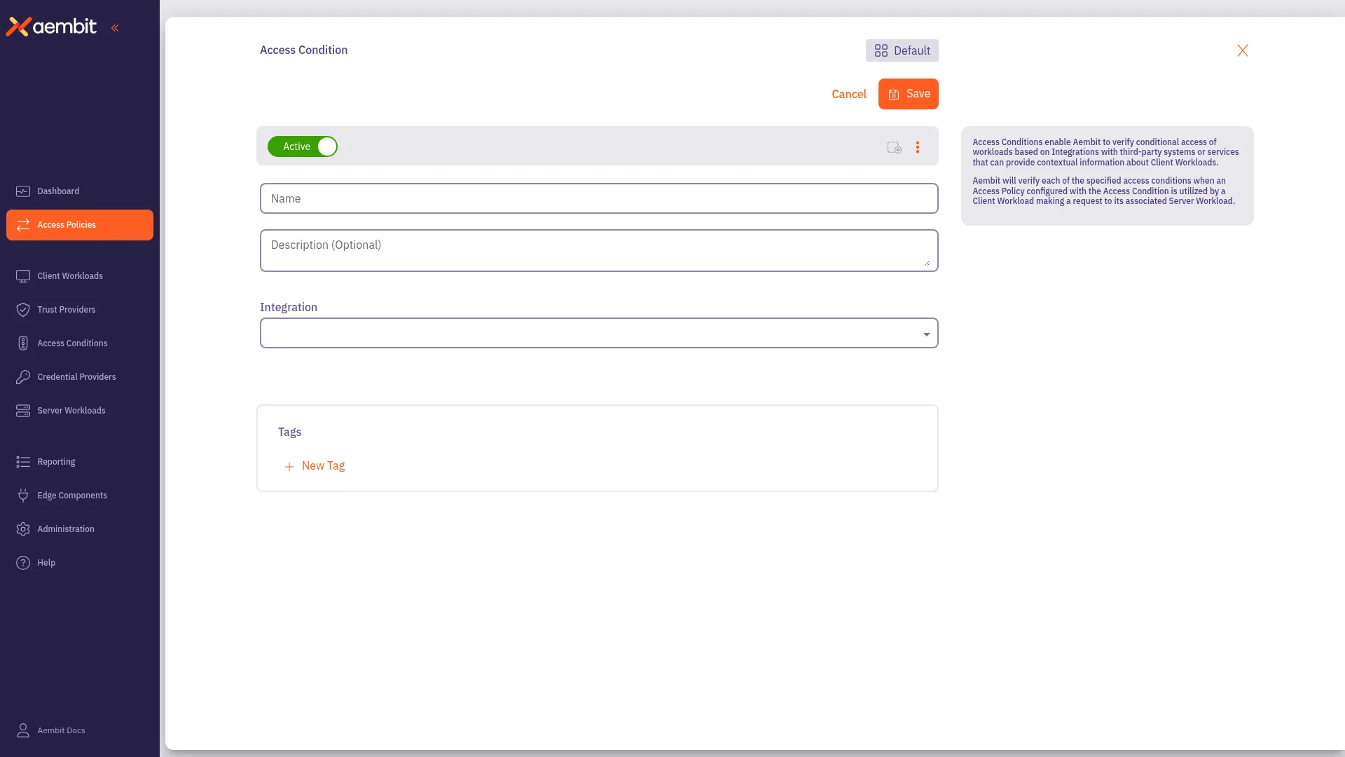 Access Condition form with integration selection