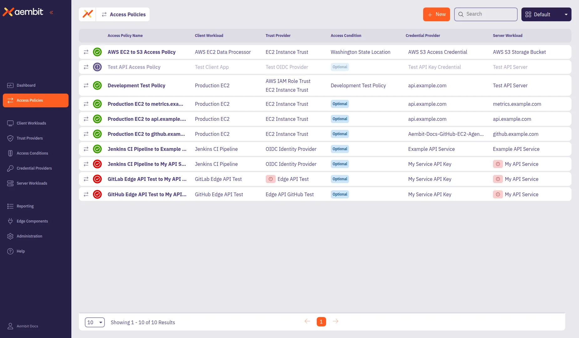 Access Policies list page showing the main navigation and policy table