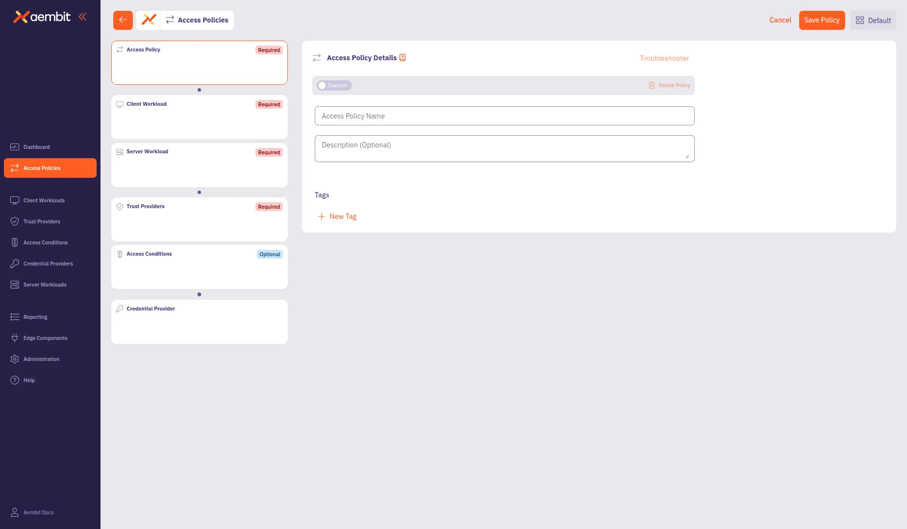 Access Policy Builder initial view with card-based navigation and configuration panel