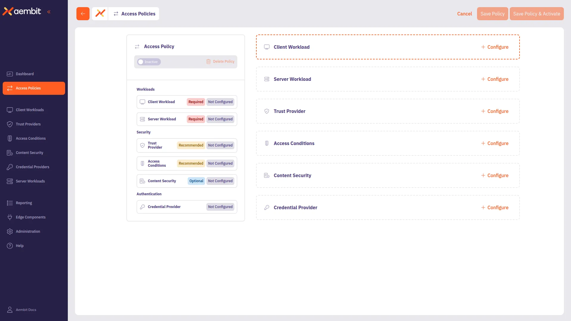 Access Policy Builder initial view with card-based navigation and configuration panel