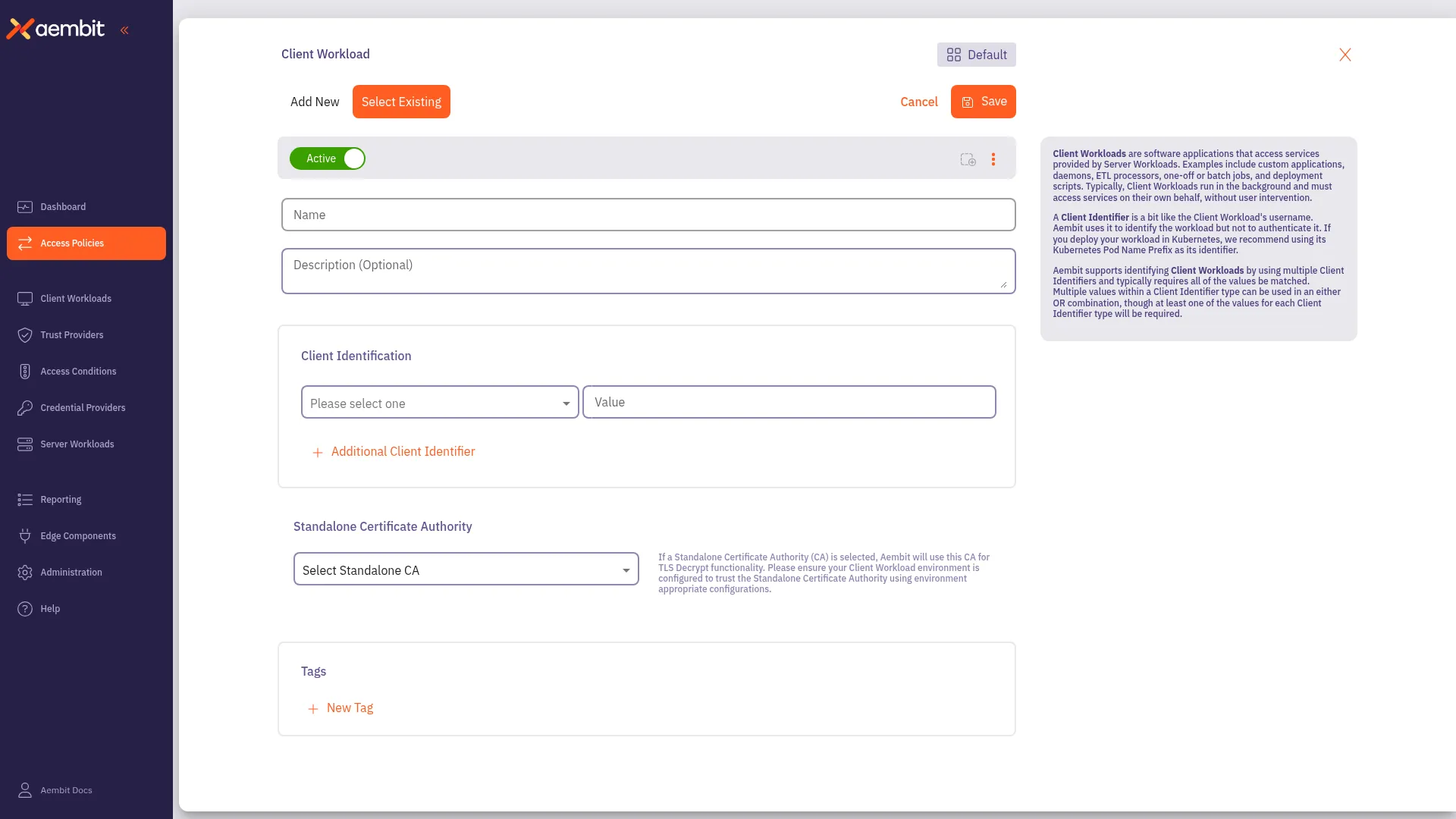 Client Workload Add New form with name and identification fields