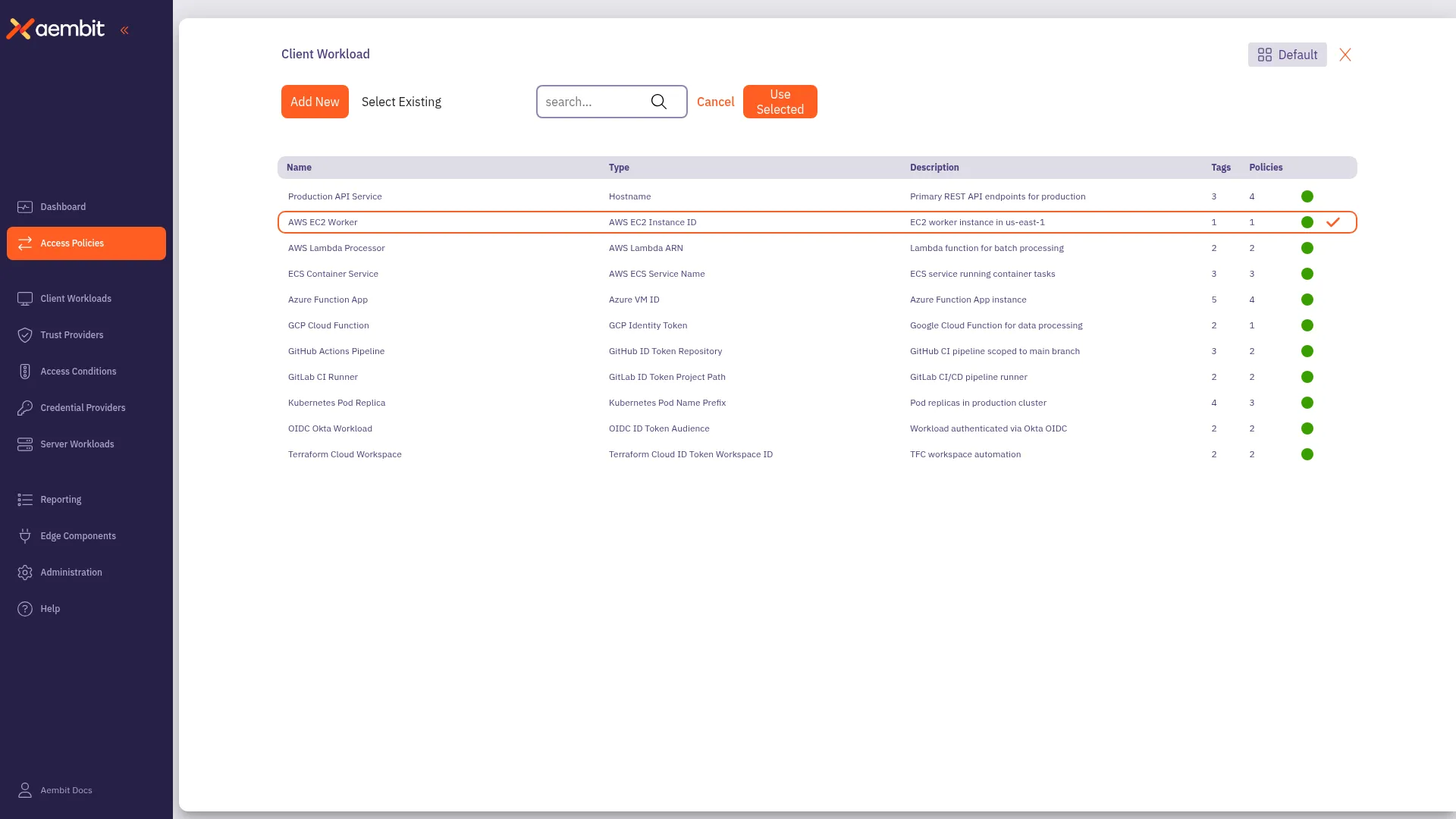 Client Workload selected with orange highlight