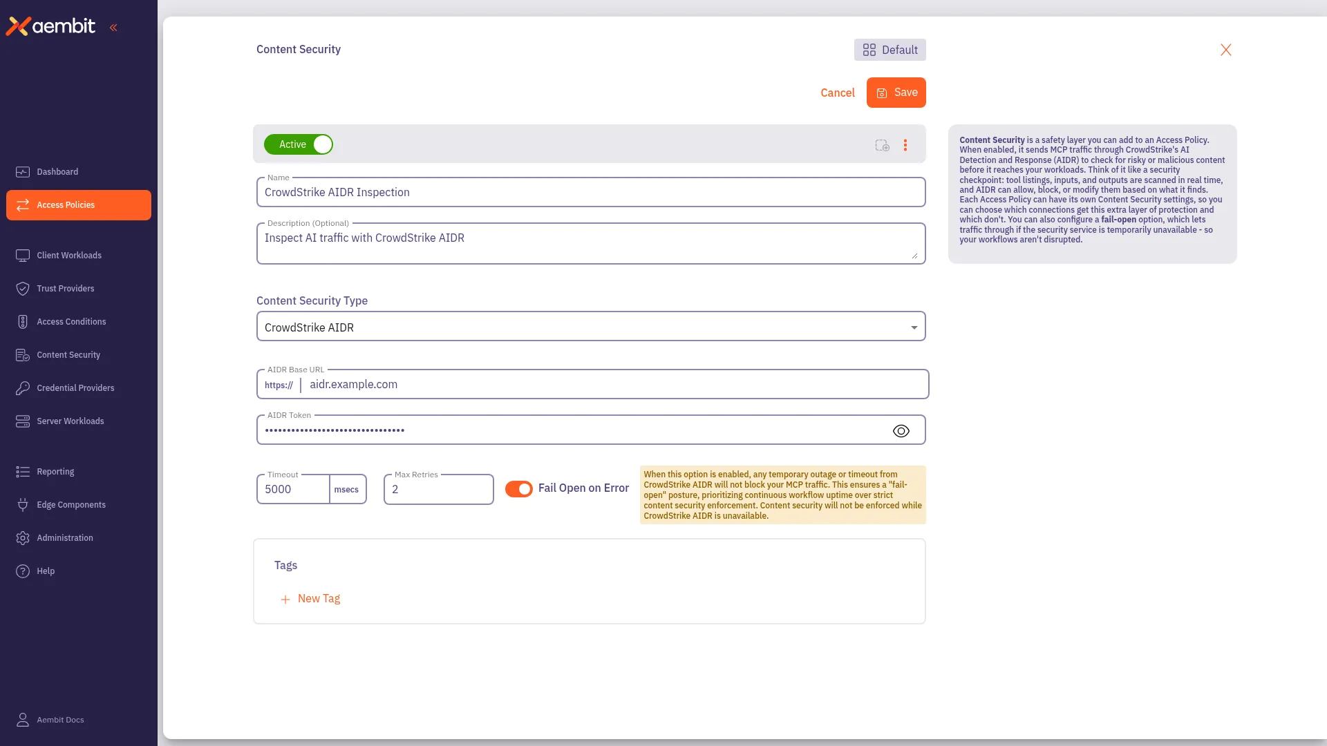 Content Security panel configured with CrowdStrike AIDR connection details