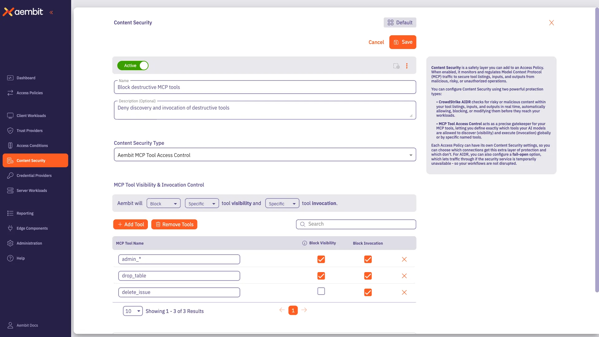 Content Security panel configured with MCP Tool Access Control in Block mode