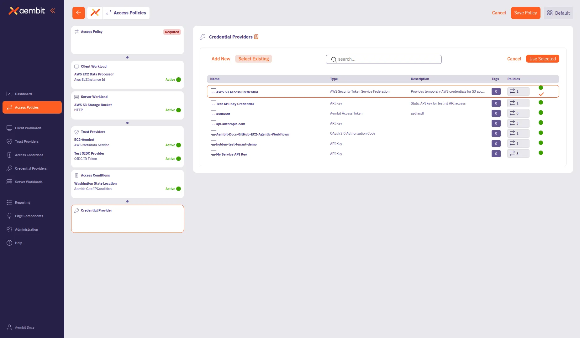 Credential Provider selected with orange highlight