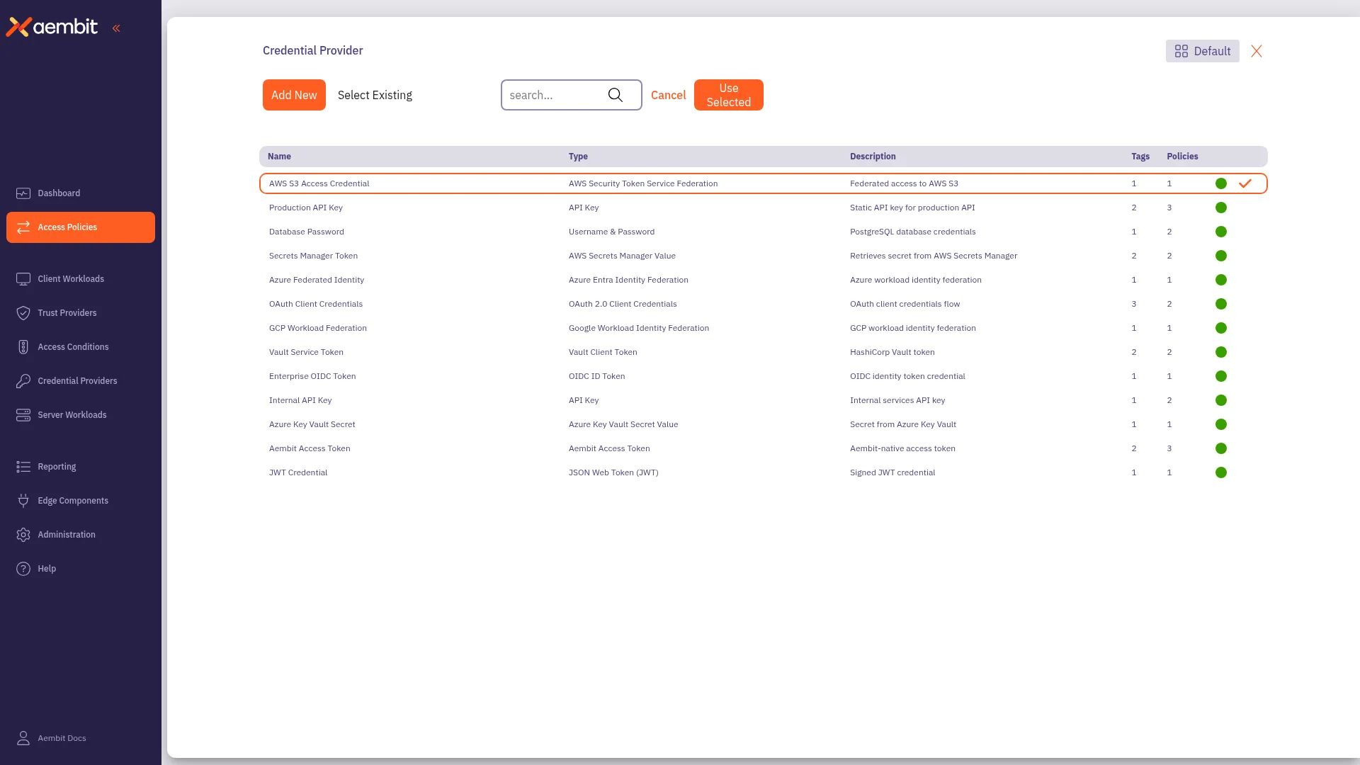 Credential Provider selected with orange highlight