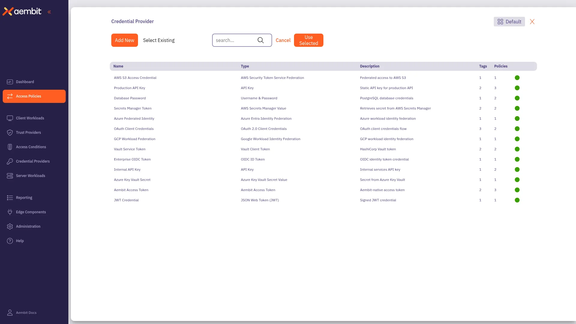 Credential Provider Select Existing view with searchable table