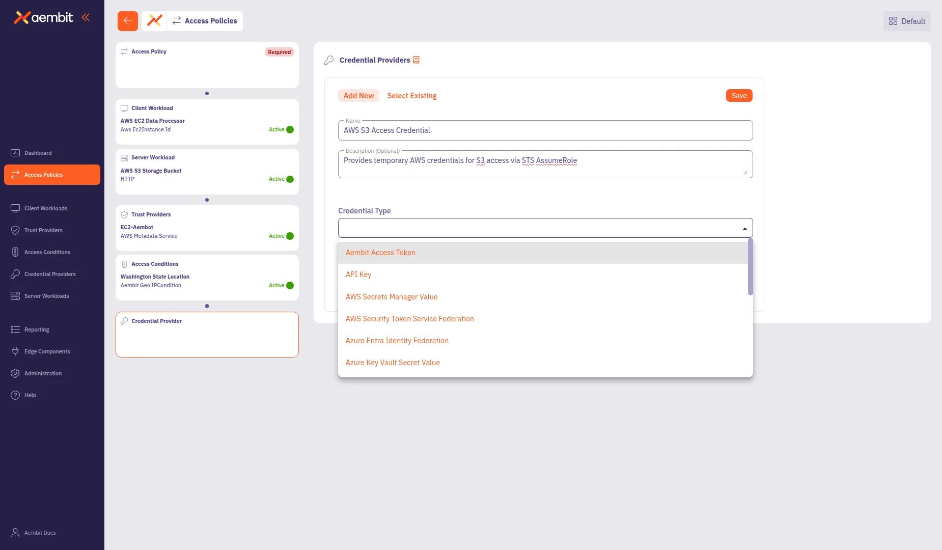 Credential Type dropdown showing available credential types
