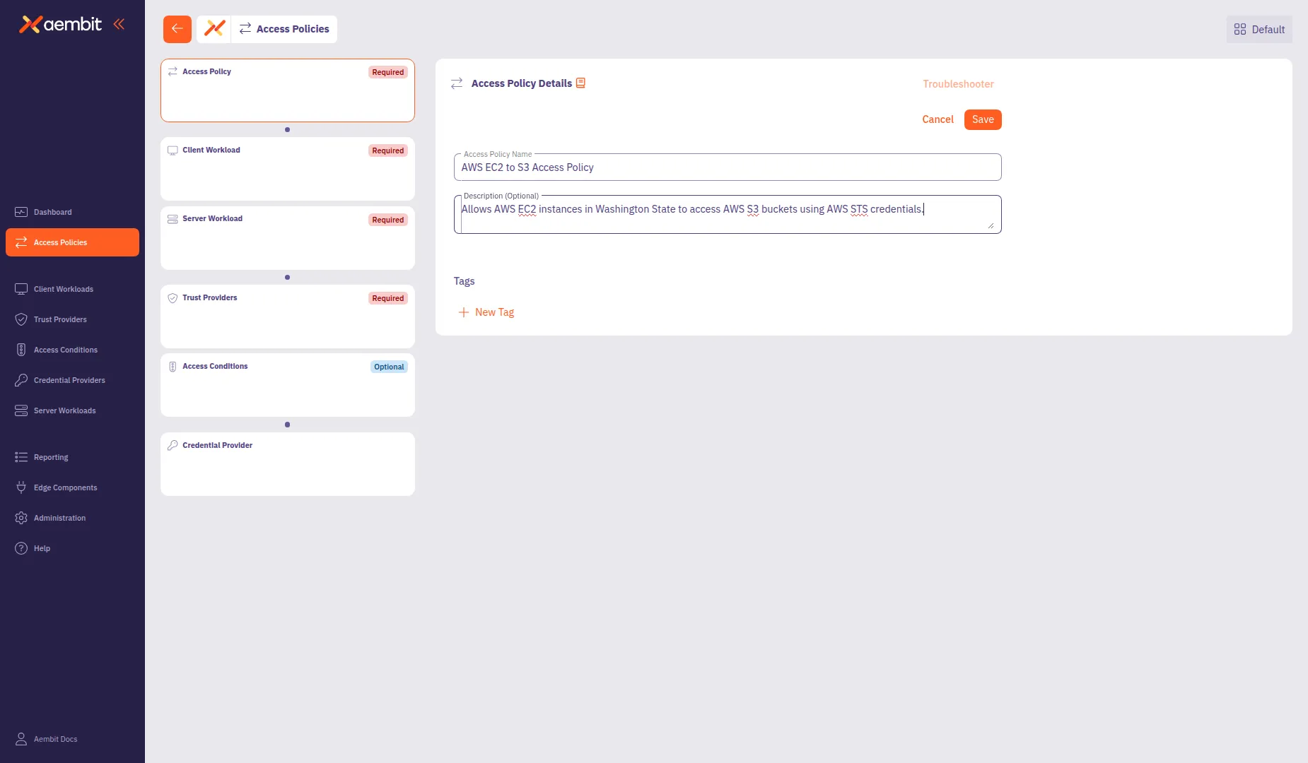 Access Policy details panel with name, description, and tags fields