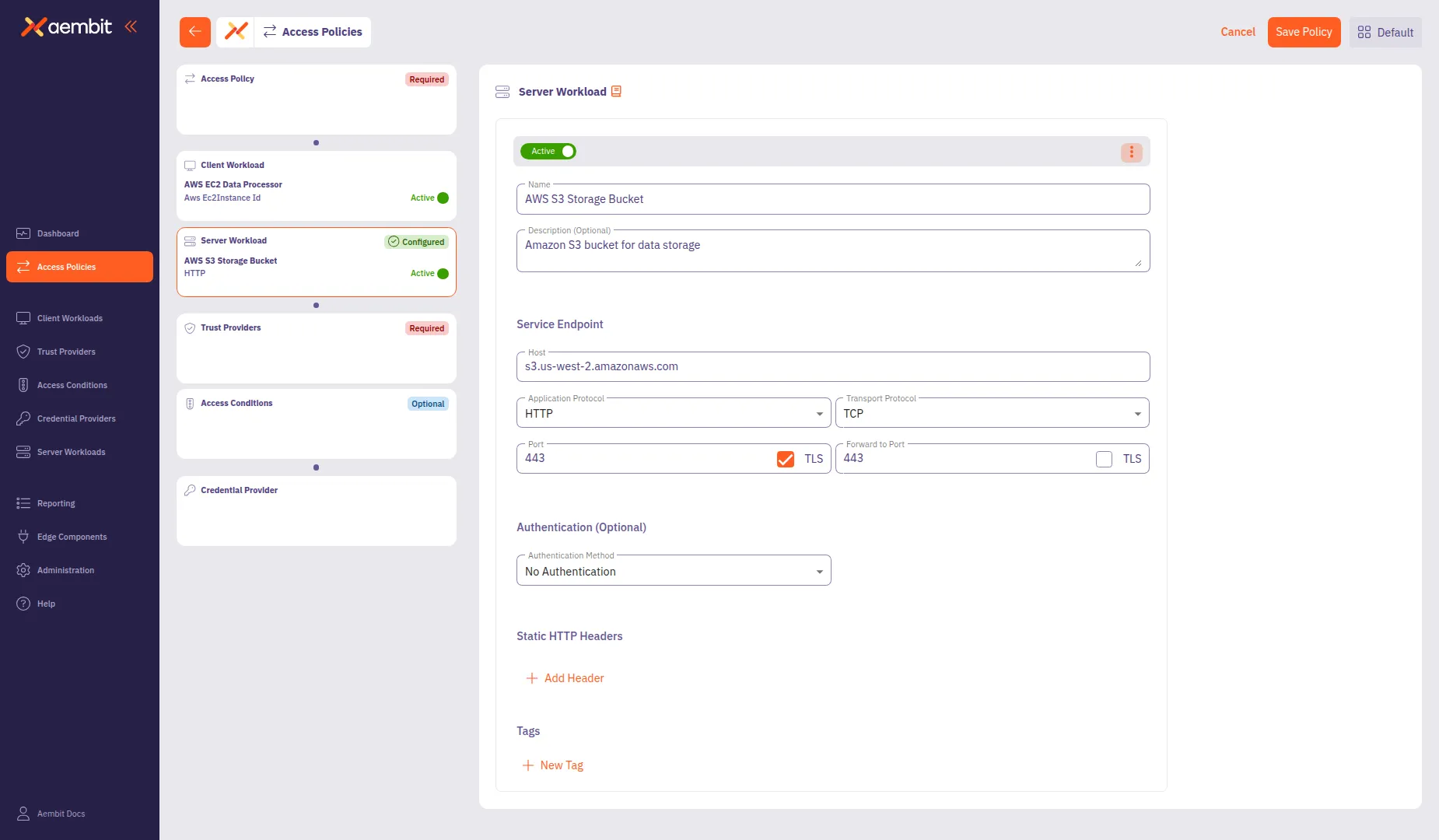 Server Workload configured with endpoint and authentication settings
