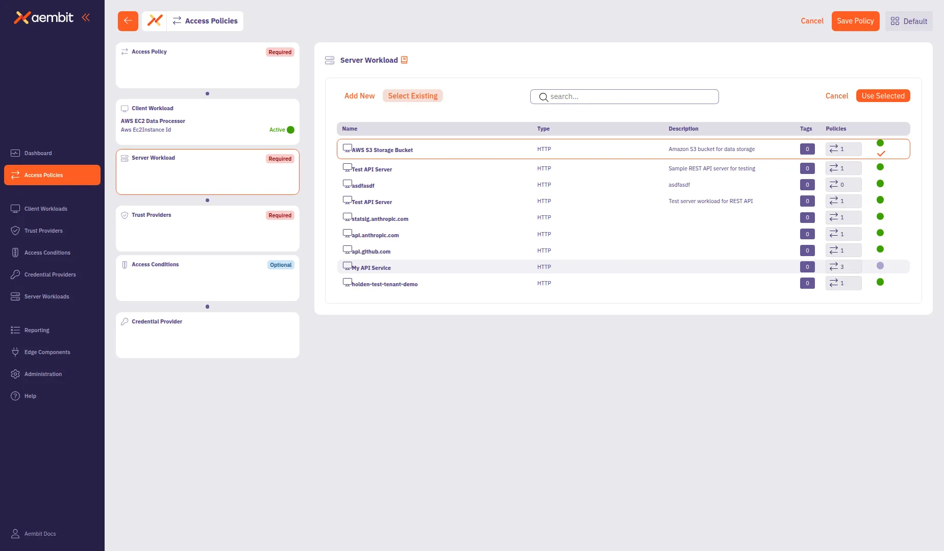 Server Workload selected with orange highlight