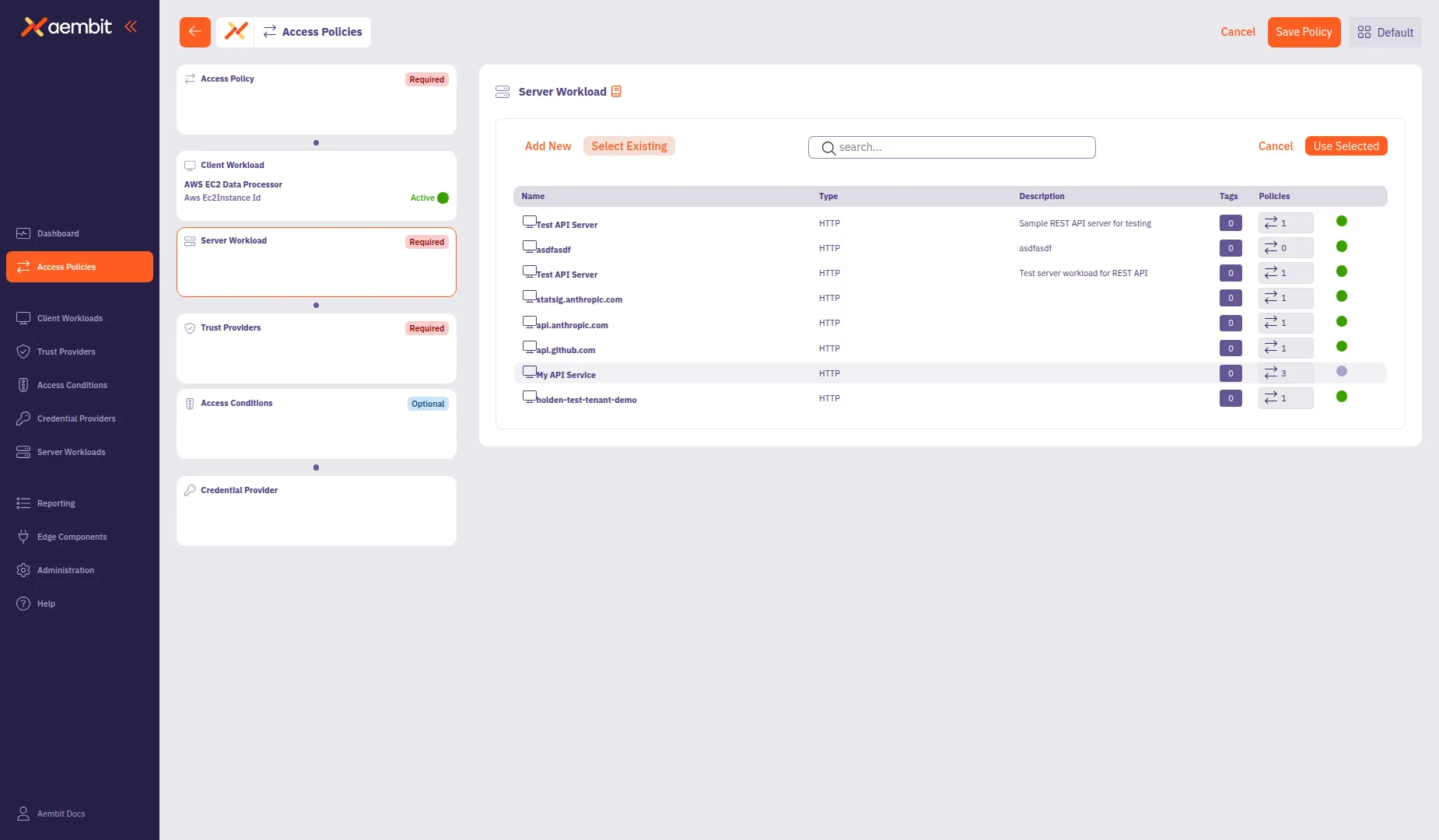 Server Workload Select Existing view with searchable table