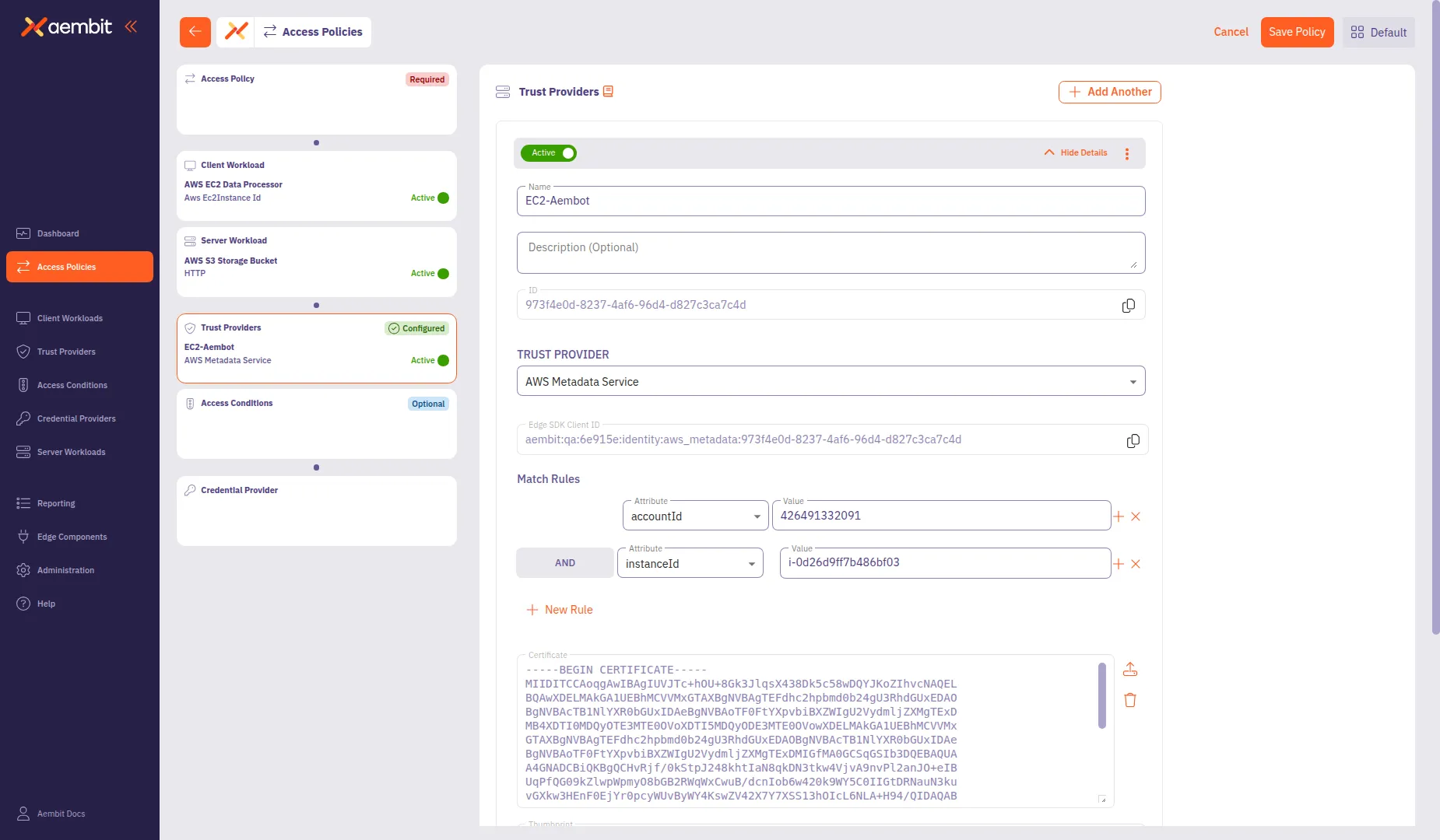 Trust Provider configured with match rules