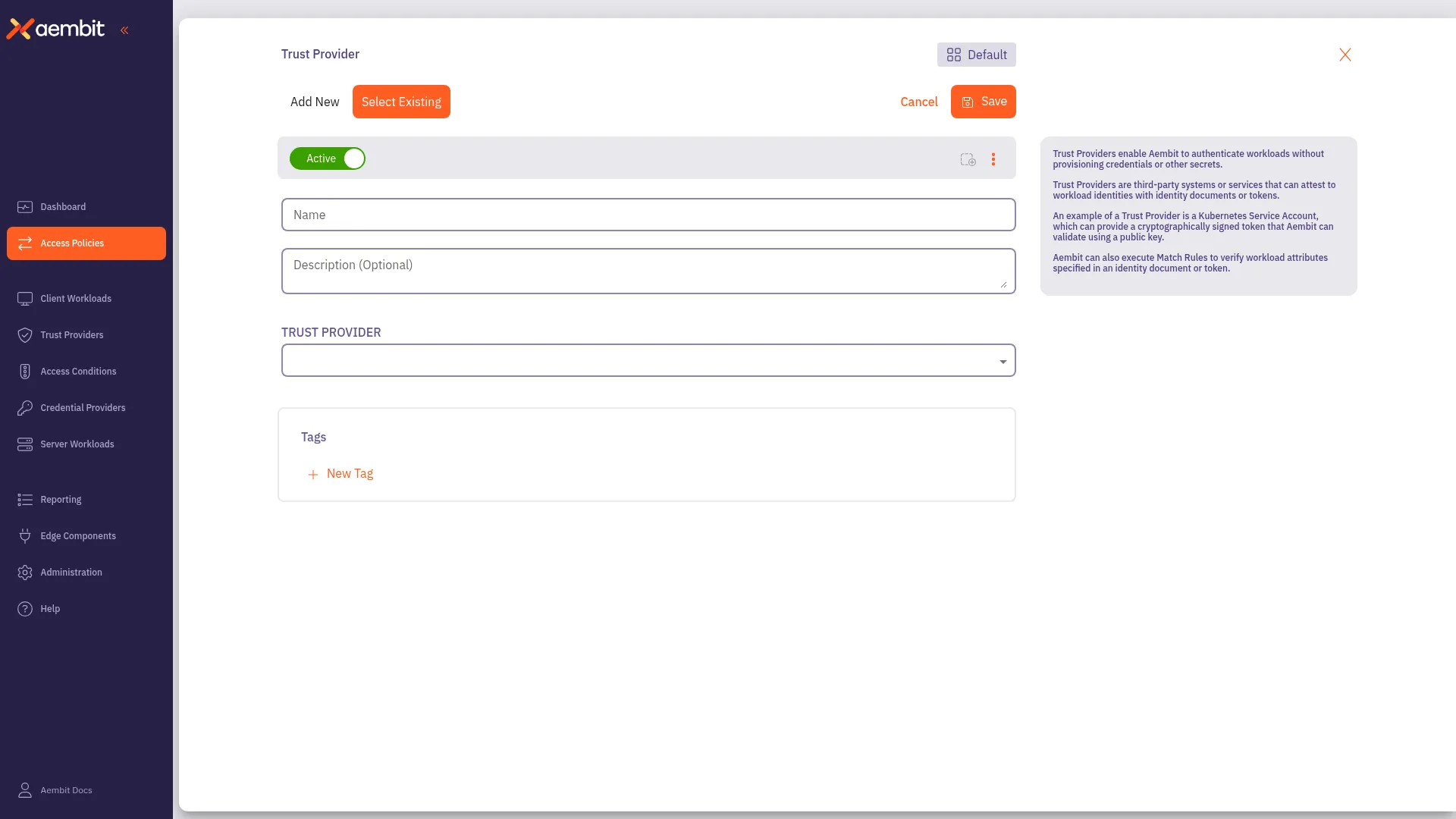 Trust Provider Add New form with provider type selection