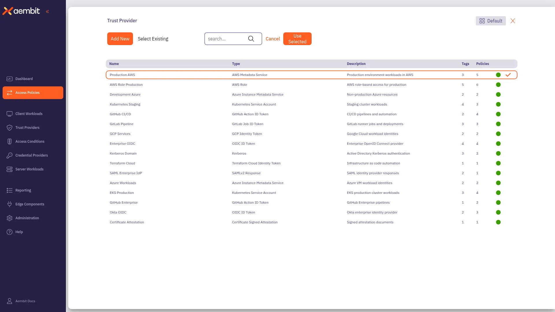 Trust Provider selected with orange highlight