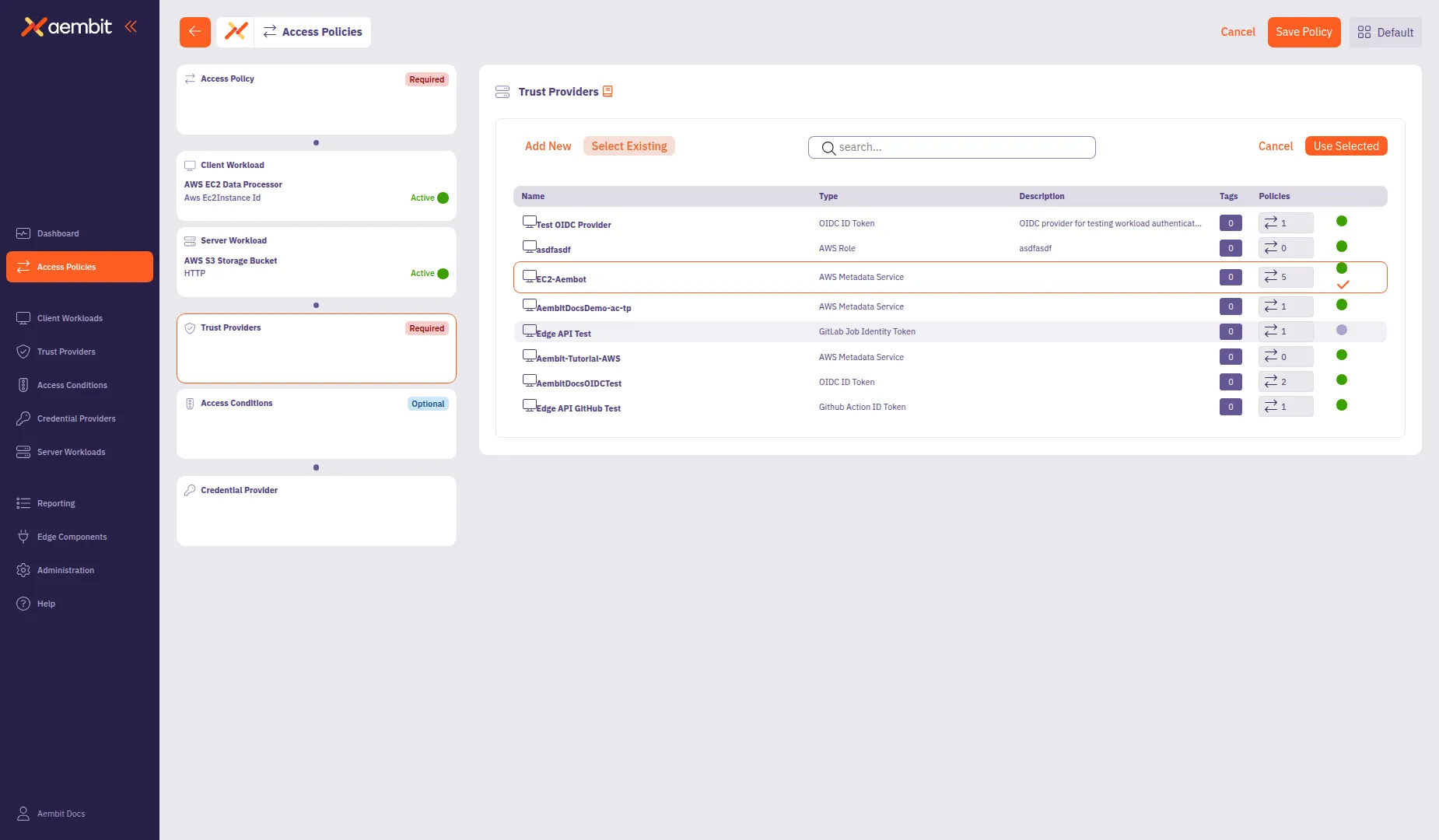Trust Provider selected with orange highlight