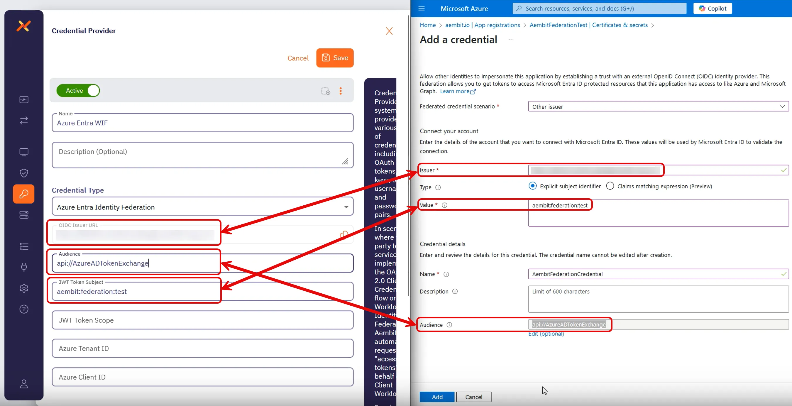 Aembit web UI and Azure Entra registered app credential mappings