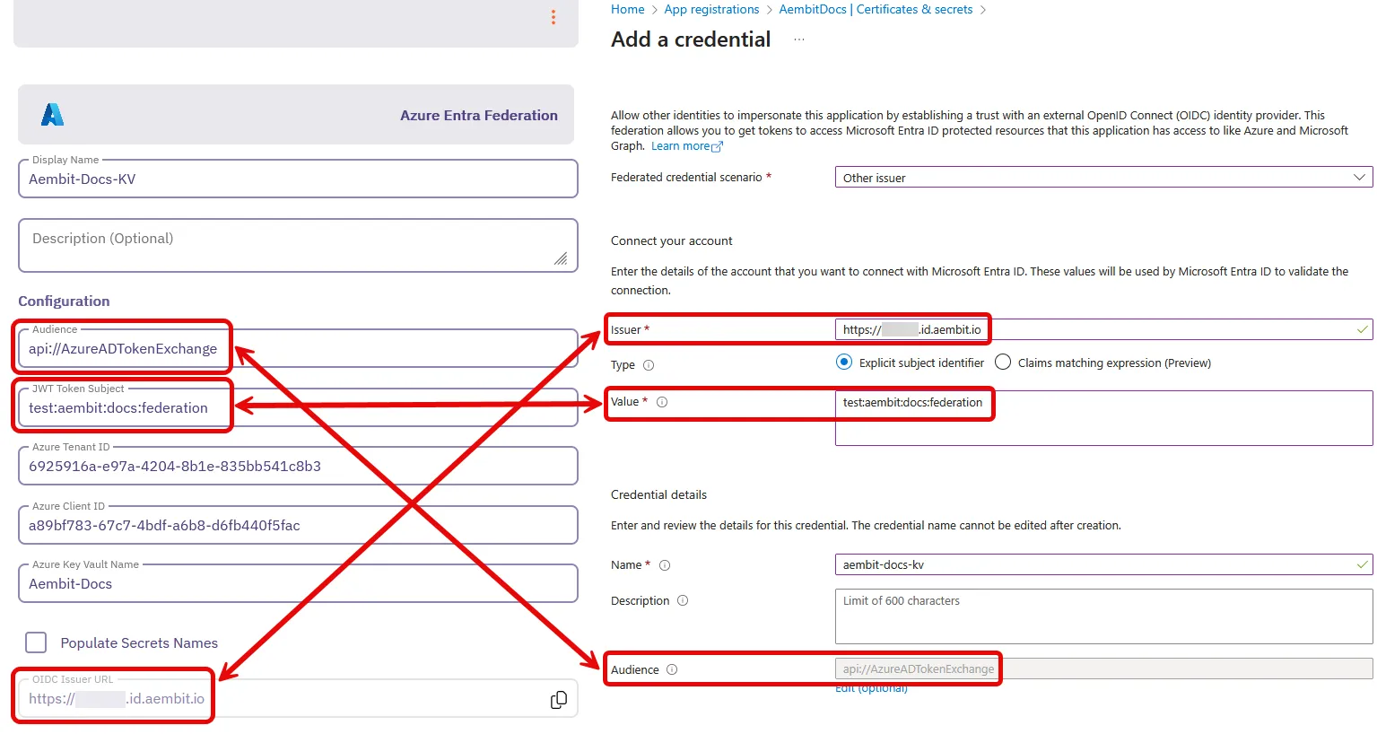 Aembit web UI and Azure Entra registered app credential mappings
