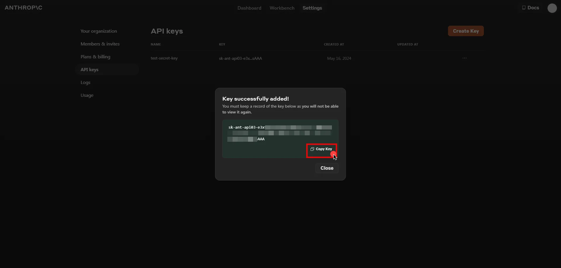 Copy API key