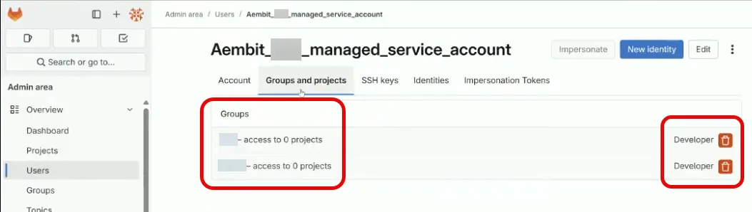 GitLab Admin area UI - Accounts tab on service account
