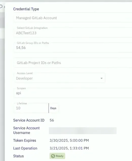 Completed Managed GitLab Account Credential Provider with 'Ready' badge