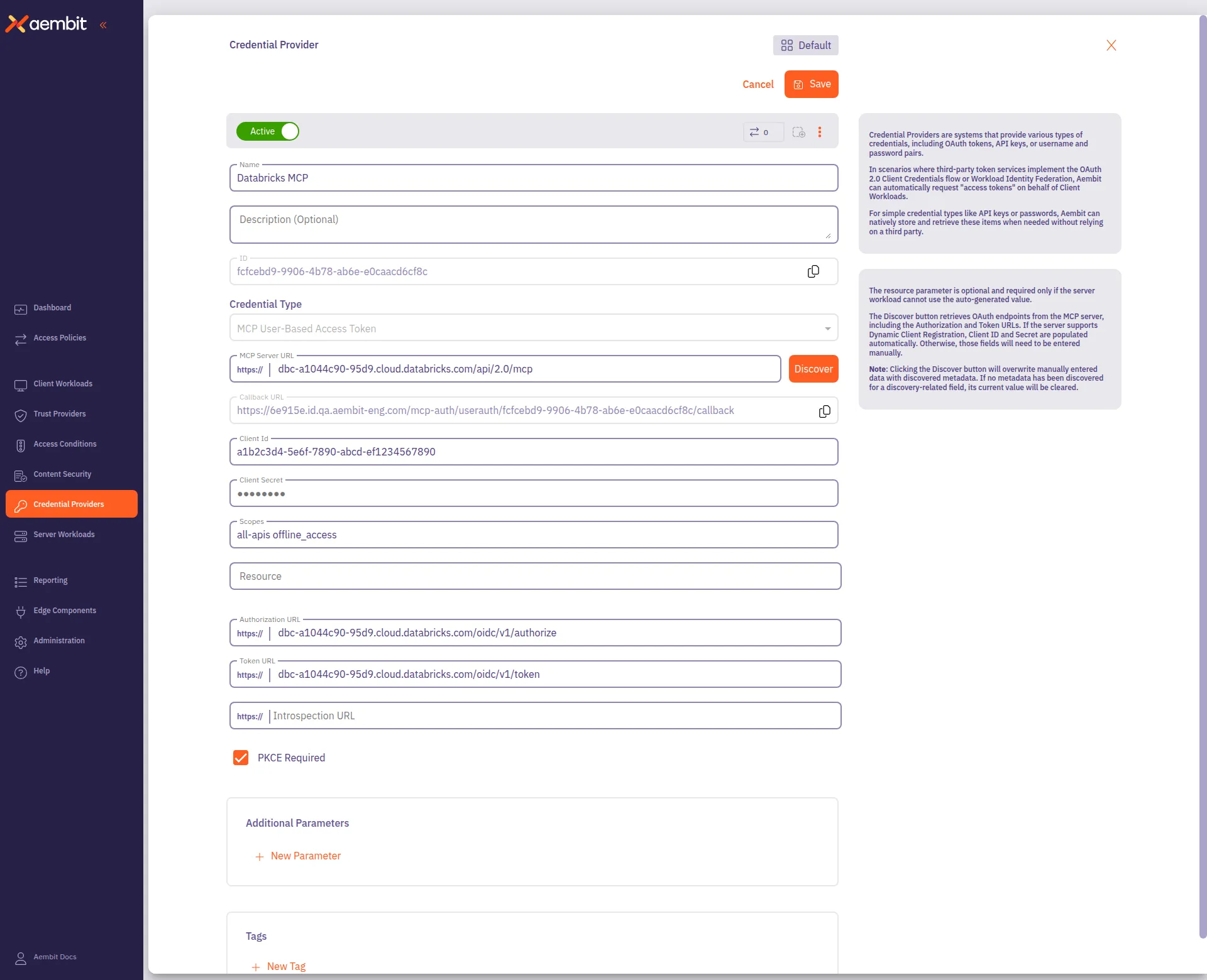 MCP User-Based Access Token Credential Provider form
