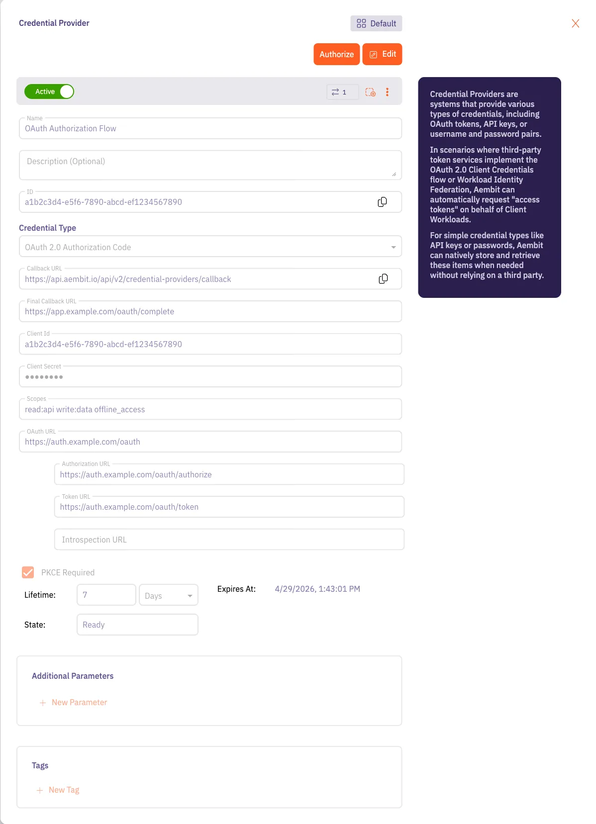 Credential Provider editor panel showing OAuth 2.0 Authorization Code configuration fields including Callback URL, Client ID, Client Secret, Scopes, OAuth URL, Authorization URL, Token URL, and PKCE Required.