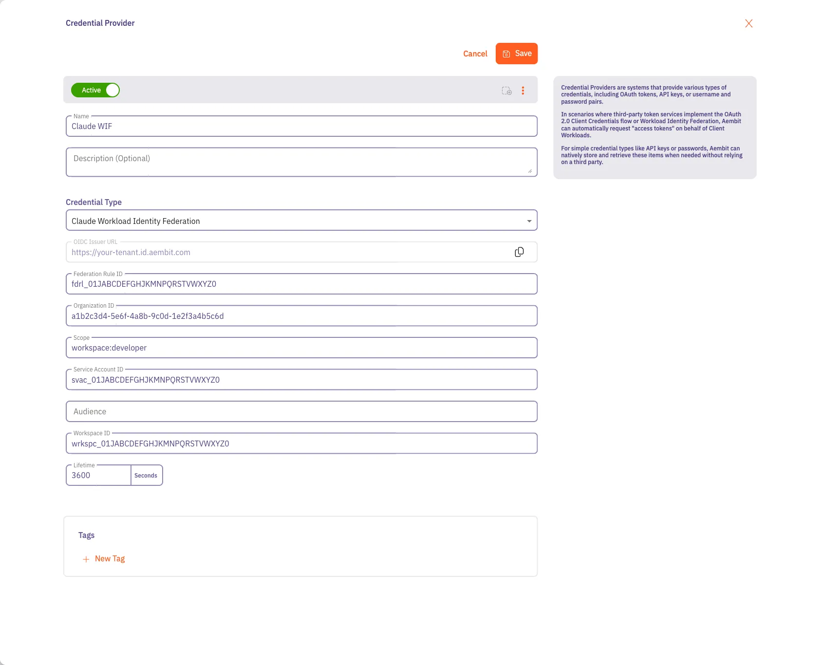 A completed Claude Workload Identity Federation Credential Provider in the Aembit web UI.