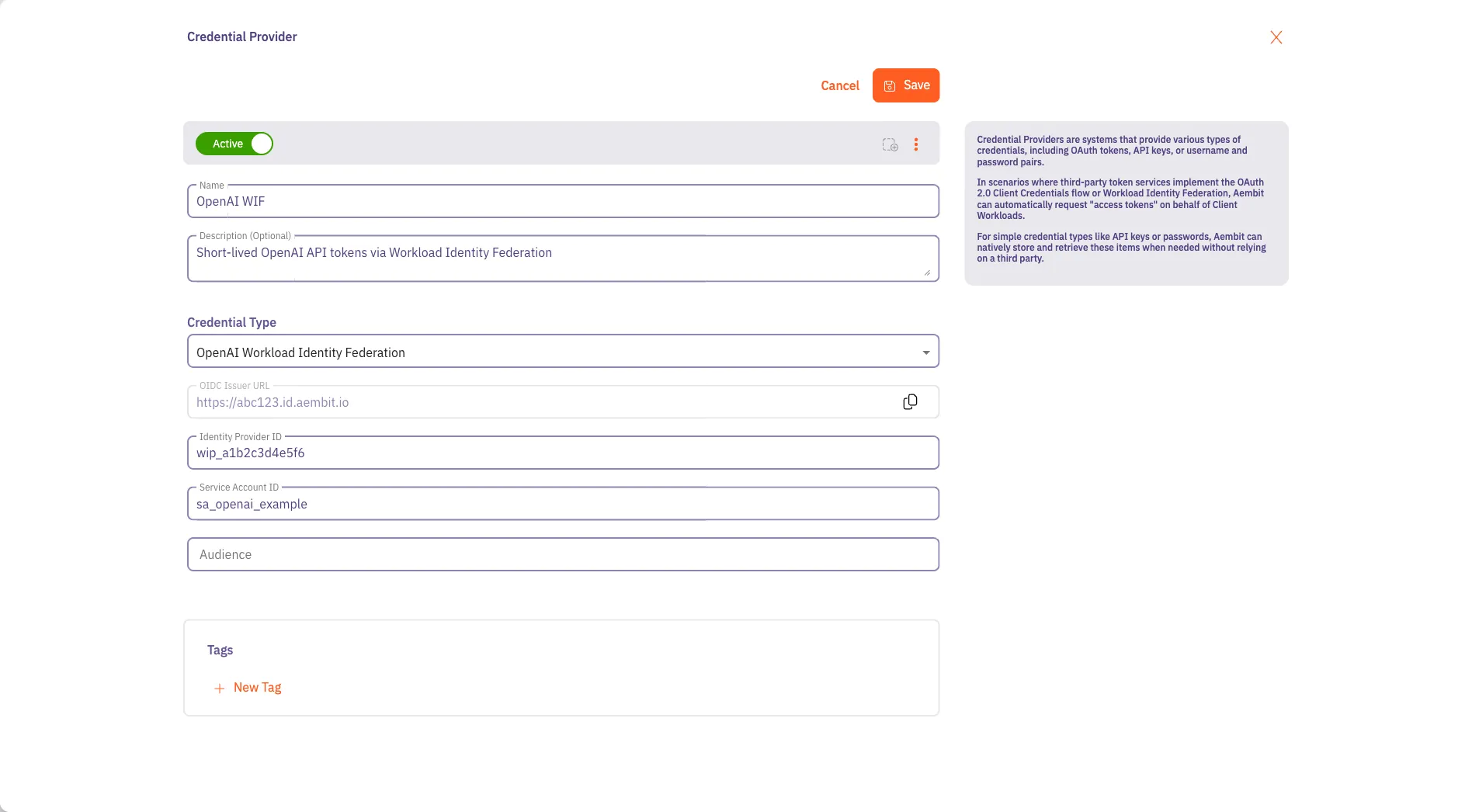 A completed OpenAI Workload Identity Federation Credential Provider in the Aembit Tenant.