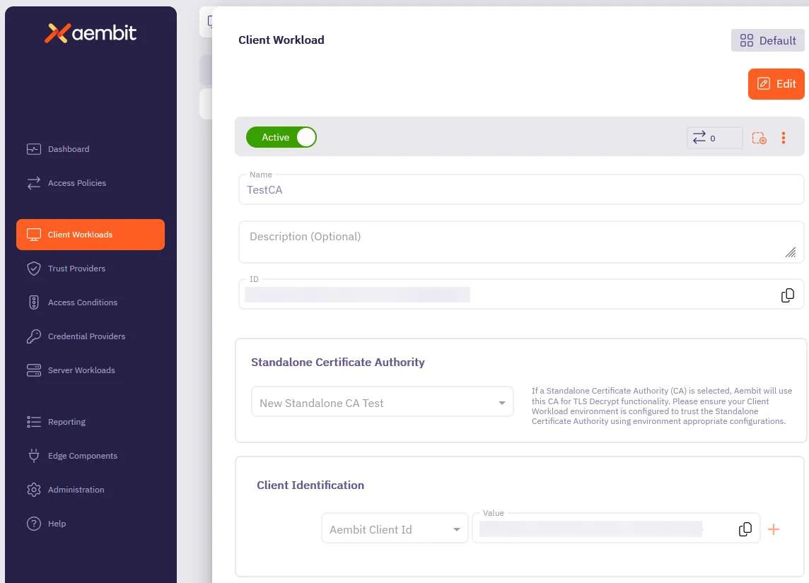 Edit Client Workload screen with Standalone Certificate Authority