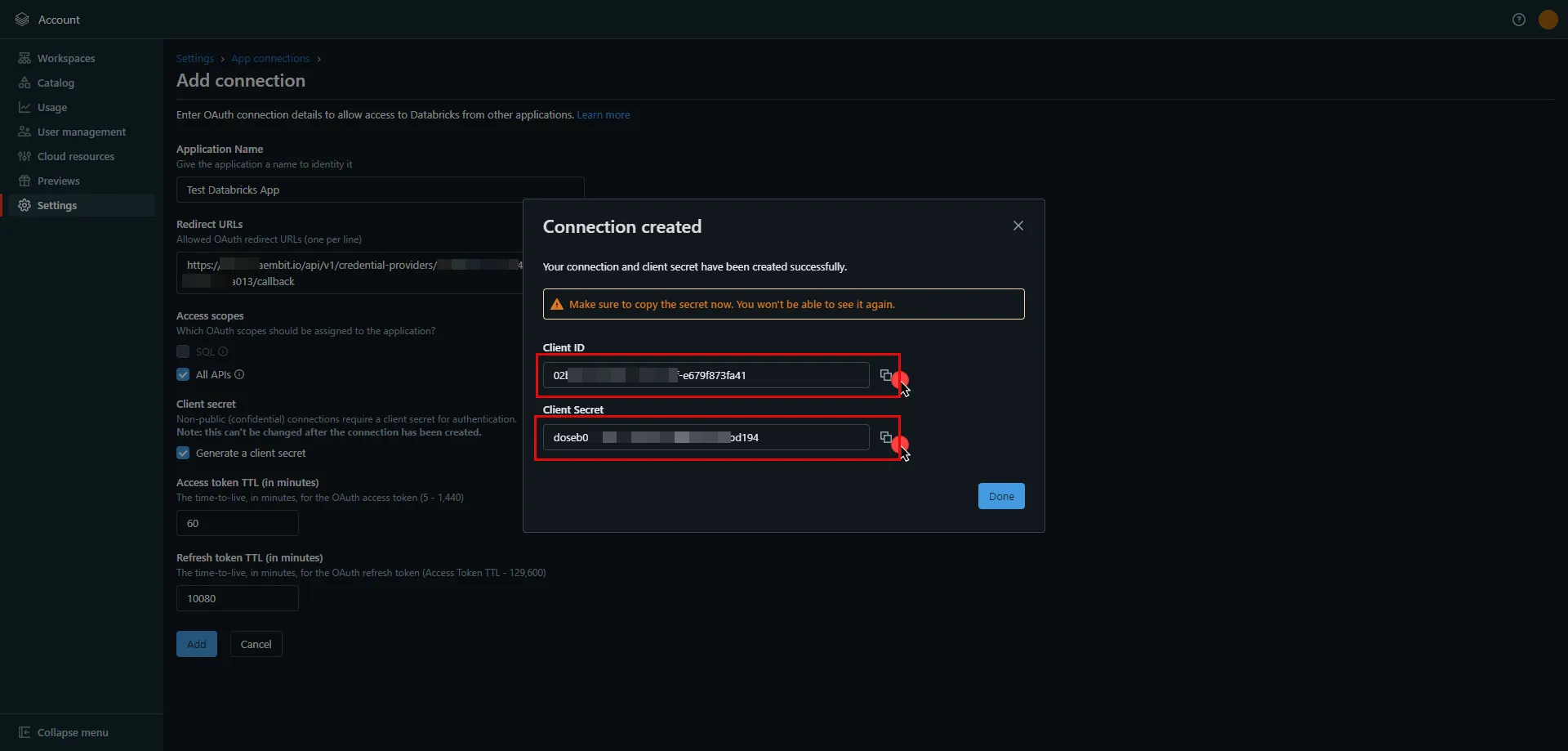 Databricks App Client Id and Client Secret