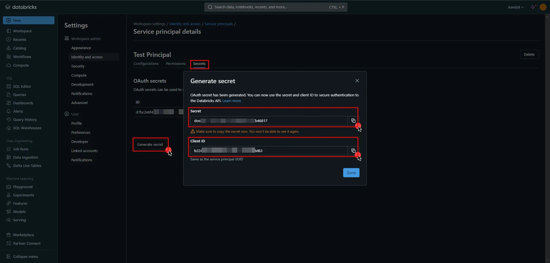 Service principals Client ID and Client Secret