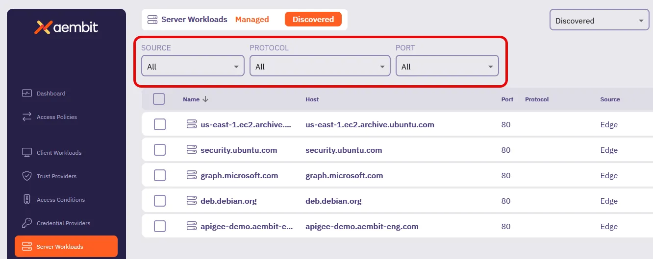 Server Workload discovery filtering