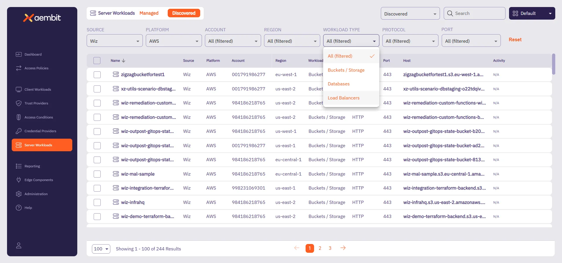 Discovered Server Workloads filtered