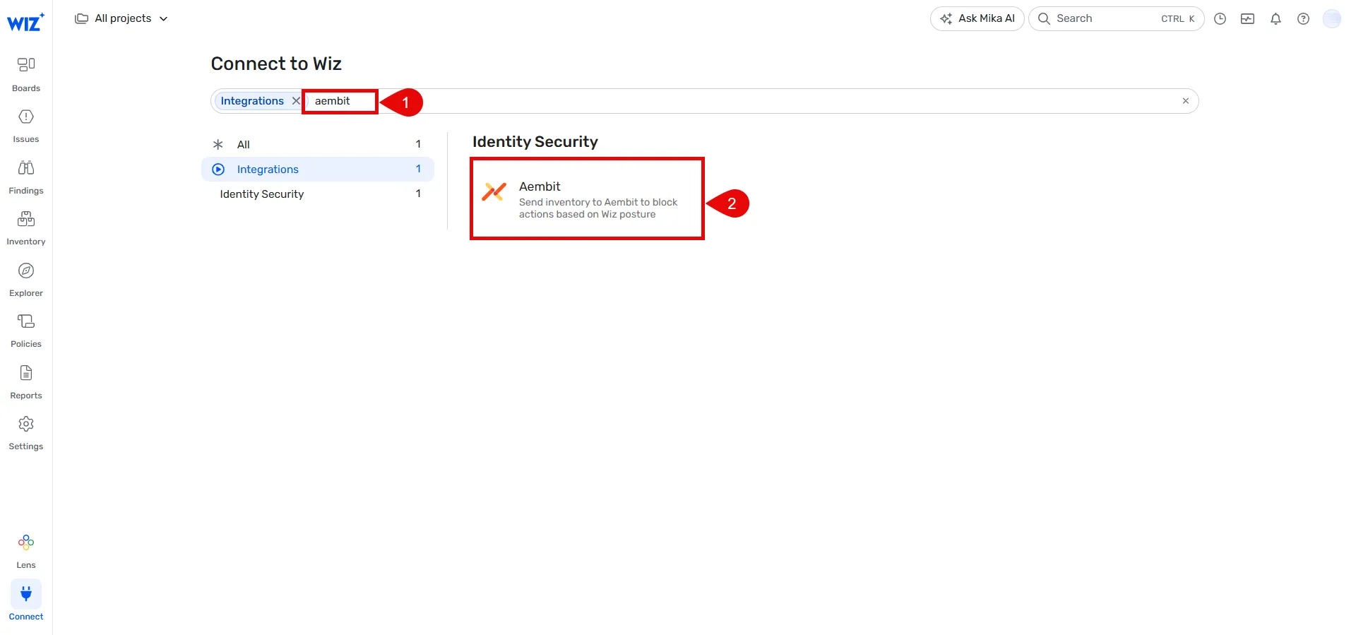Wiz - Searching for Aembit Integration