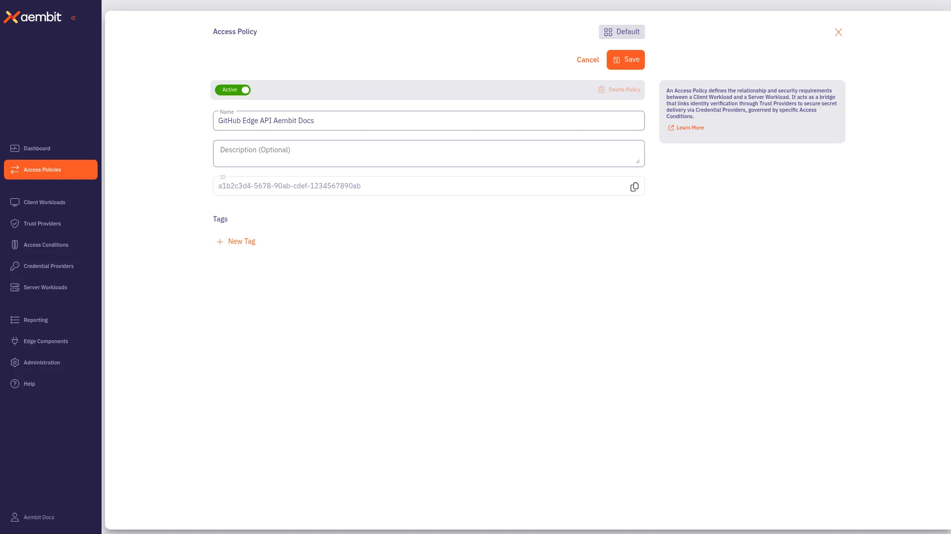 Aembit Access Policies page detailed view