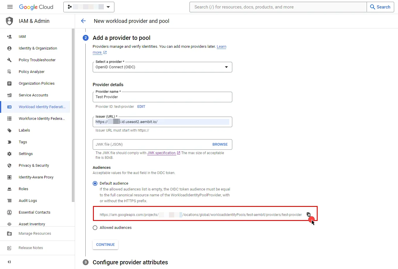 Add an OIDC provider to the pool with the issuer URL and default audience configured