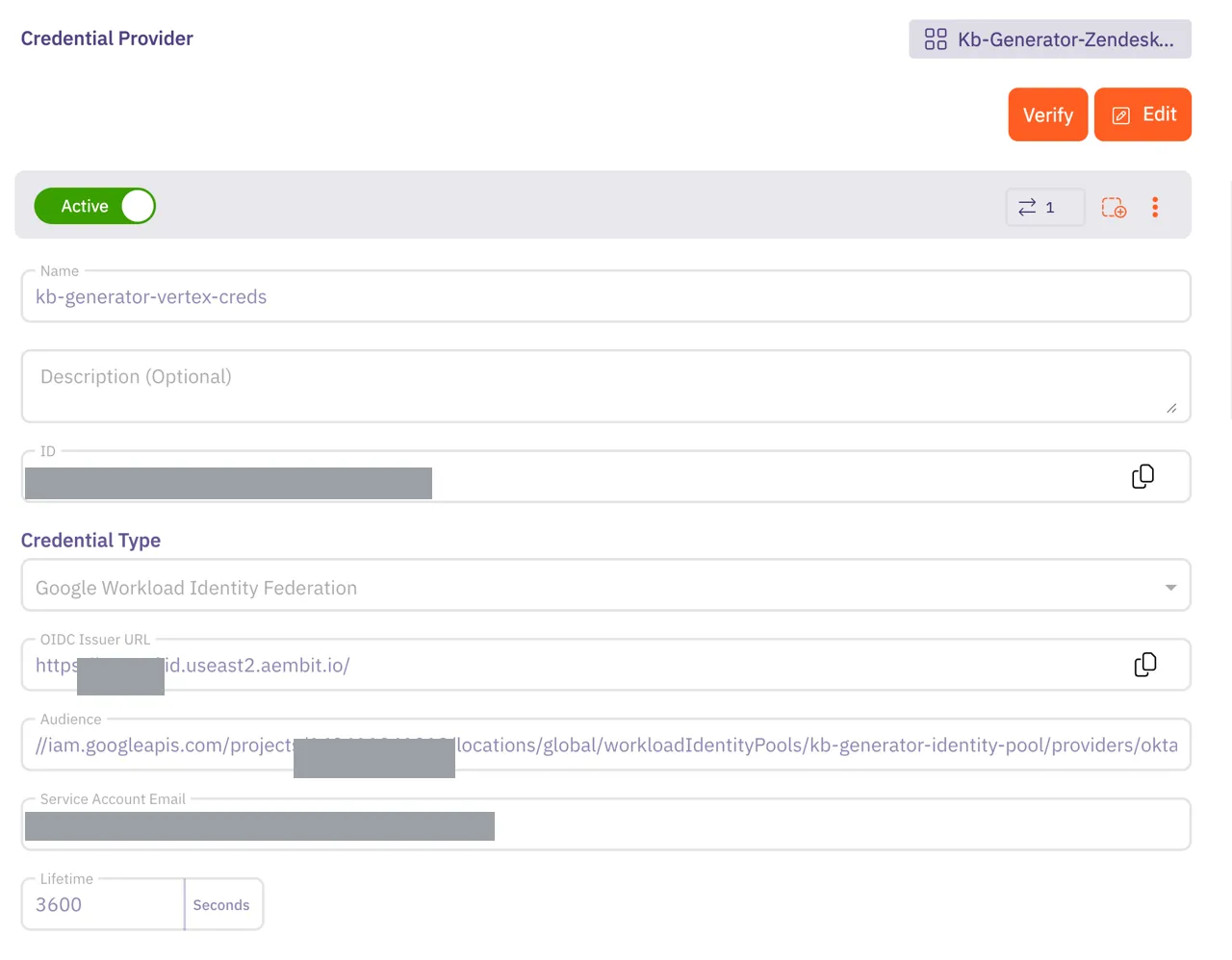 Completed Aembit Google Workload Identity Federation Credential Provider showing the audience, service account email, and lifetime
