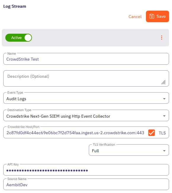 Completed CrowdStrike Next-Gen SIEM Log Stream