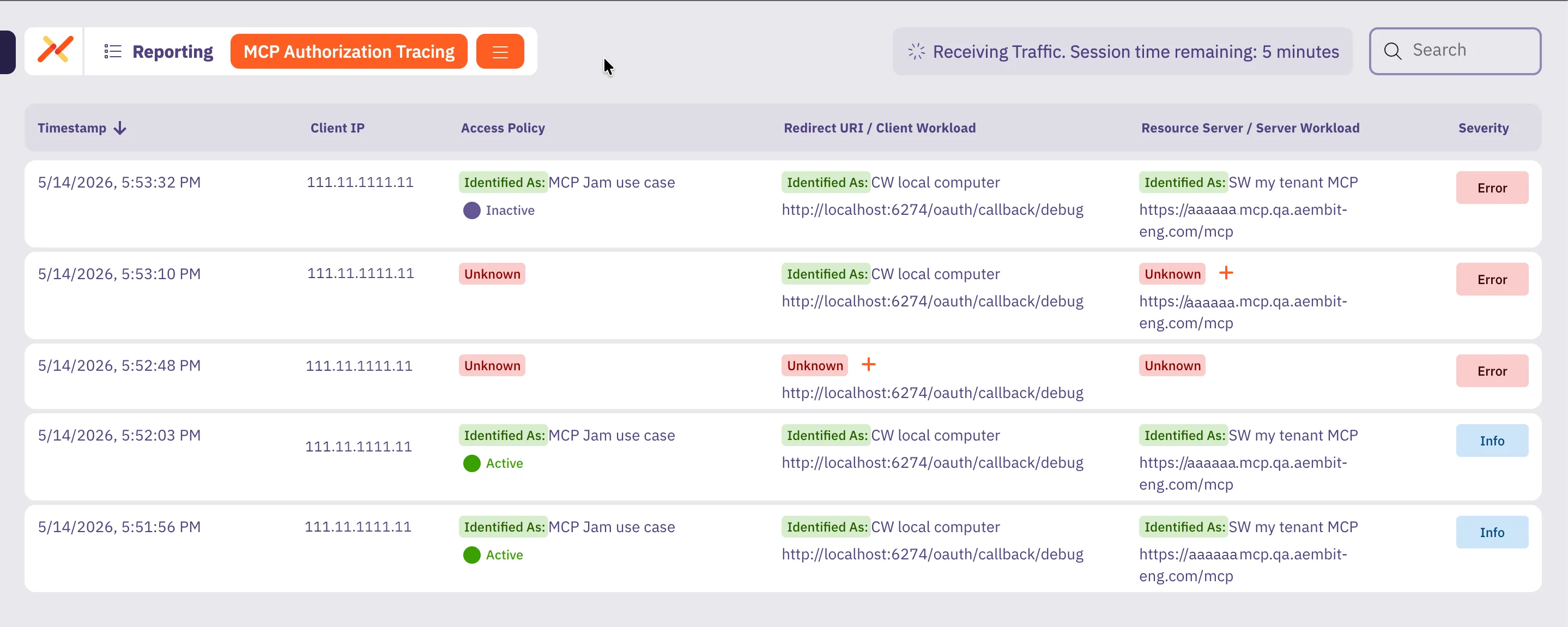 The MCP Authorization Tracing view with two events
