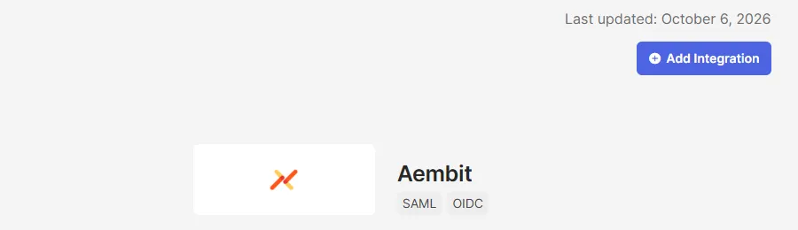 Okta app catalog page for the Aembit integration, listing SAML and OIDC, with the Add Integration button