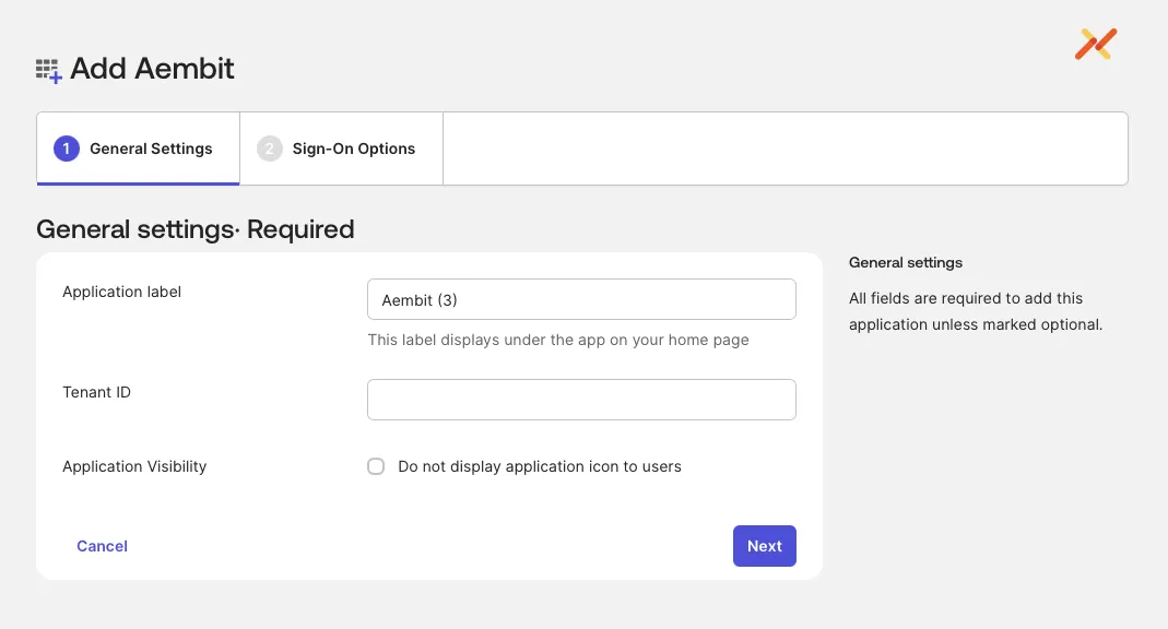 Okta General Settings tab with the Application label and Tenant ID fields