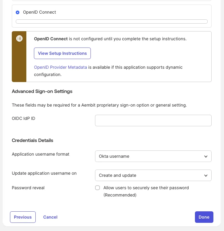 Okta Sign-On Options tab with OpenID Connect selected and the OIDC IdP ID field
