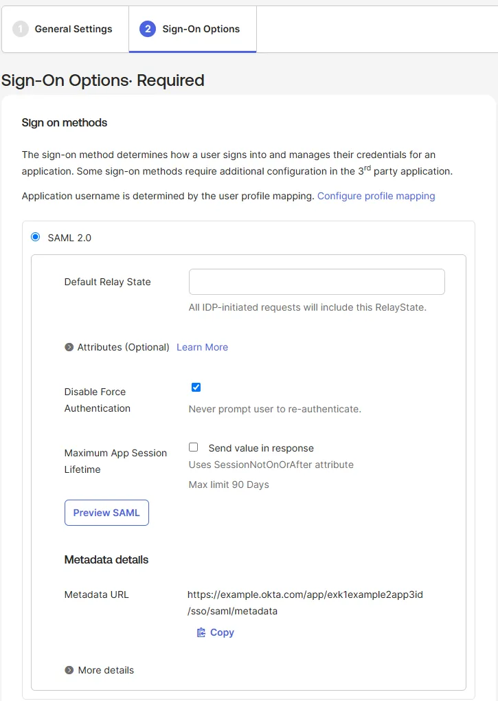 Okta Sign-On Options tab with SAML 2.0 selected and the Metadata URL under Metadata details