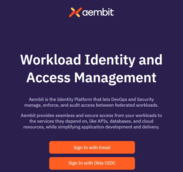 Aembit Tenant sign-in page with the Sign In with Email and Sign In with Okta OIDC buttons