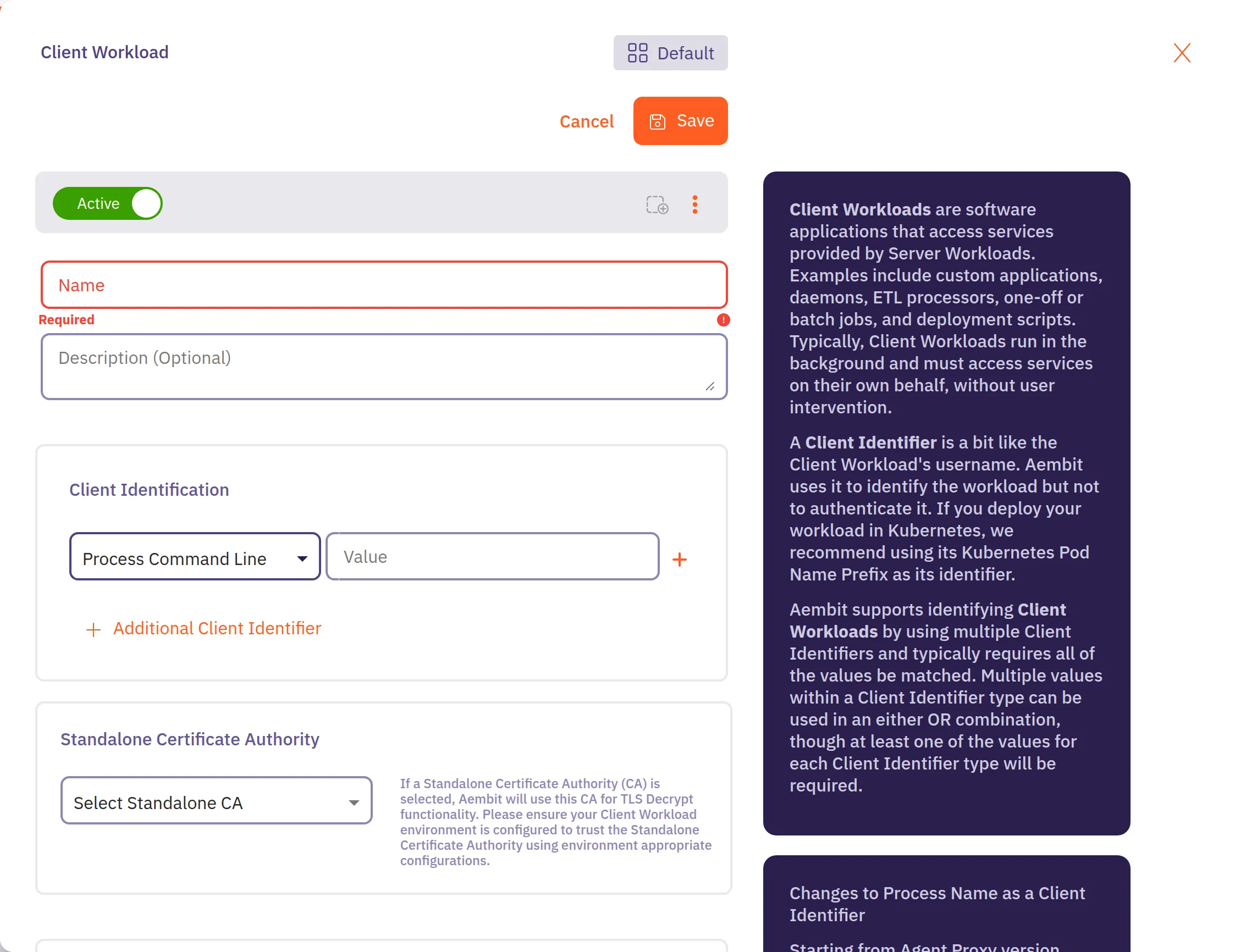 Client Workload editor with Process Command Line selected