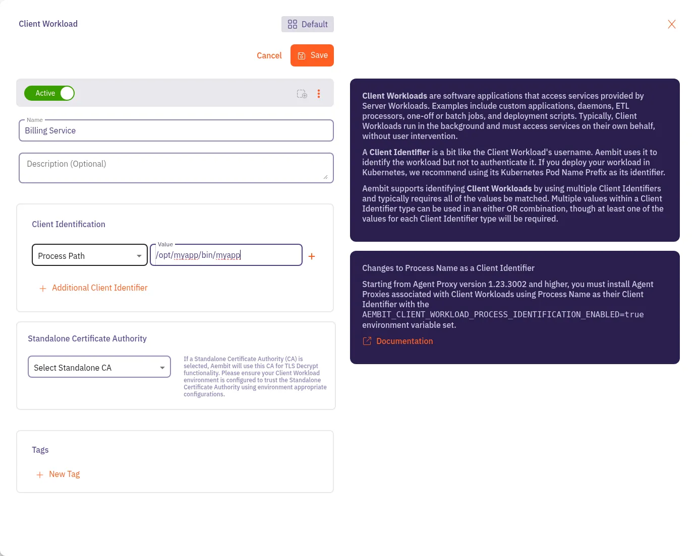 Client Workload editor with Process Path selected