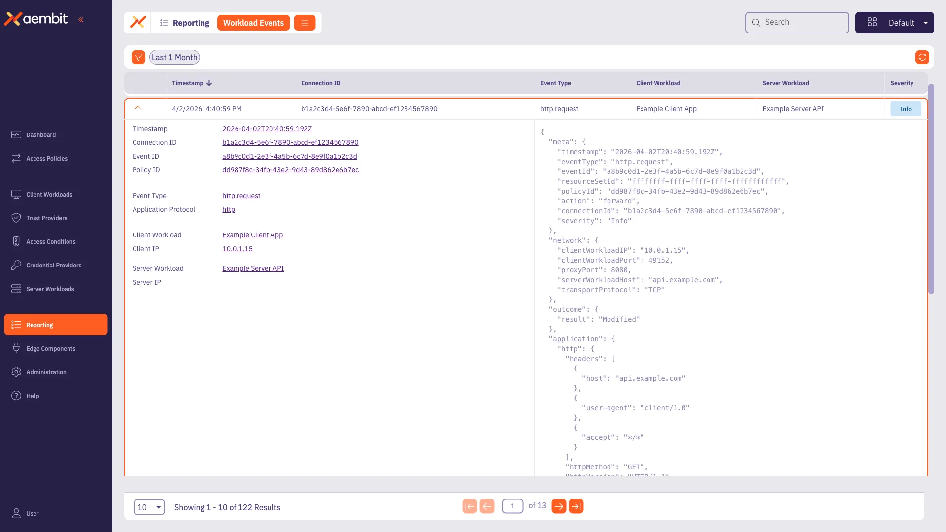 The Workload Events reporting view with an expanded event showing a summary panel on the left and full JSON output on the right